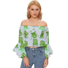 Cute-green-frogs-seamless-pattern Off Shoulder Flutter Bell Sleeve Top