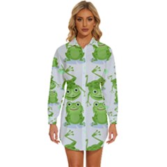 Cute-green-frogs-seamless-pattern Womens Long Sleeve Shirt Dress