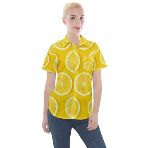 Lemon-fruits-slice-seamless-pattern Women s Short Sleeve Pocket Shirt by Simbadda