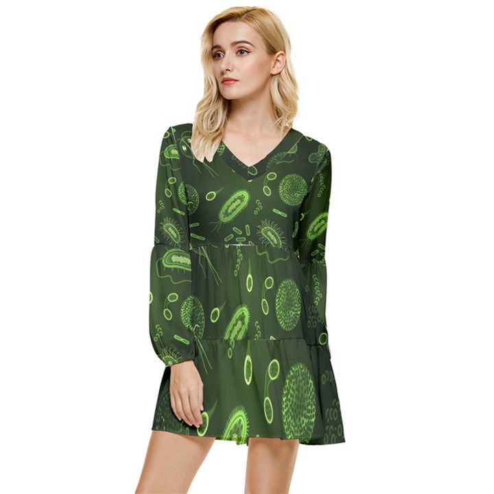 Bacteria-virus-seamless-pattern-inversion Tiered Long Sleeve Mini Dress