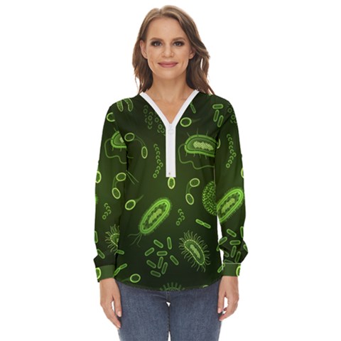 Bacteria-virus-seamless-pattern-inversion Zip Up Long Sleeve Blouse by Simbadda