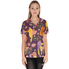 Exotic-seamless-pattern-with-parrots-fruits Women s V-neck Scrub Top by Simbadda