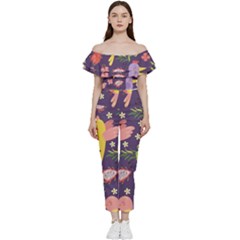 Exotic-seamless-pattern-with-parrots-fruits Bardot Ruffle Jumpsuit by Simbadda