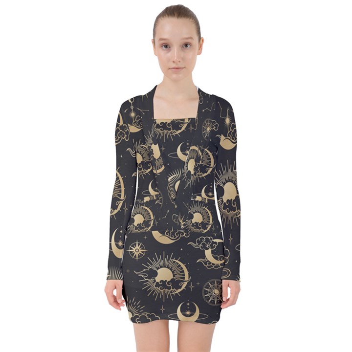 Asian-seamless-pattern-with-clouds-moon-sun-stars-vector-collection-oriental-chinese-japanese-korean V-neck Bodycon Long Sleeve Dress