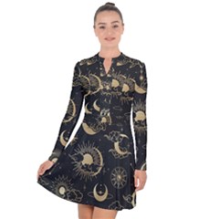 Asian-seamless-pattern-with-clouds-moon-sun-stars-vector-collection-oriental-chinese-japanese-korean Long Sleeve Panel Dress by Simbadda