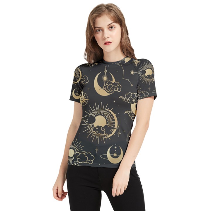 Asian-seamless-pattern-with-clouds-moon-sun-stars-vector-collection-oriental-chinese-japanese-korean Women s Short Sleeve Rash Guard