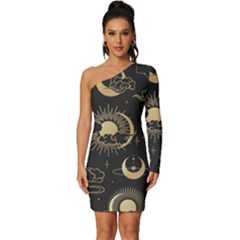 Asian-seamless-pattern-with-clouds-moon-sun-stars-vector-collection-oriental-chinese-japanese-korean Long Sleeve One Shoulder Mini Dress by Simbadda