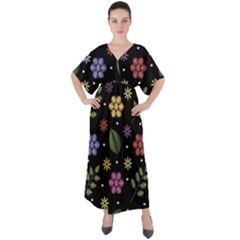 Embroidery-seamless-pattern-with-flowers V-neck Boho Style Maxi Dress by Simbadda