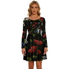 Floral-folk-fashion-ornamental-embroidery-pattern Long Sleeve Wide Neck Velvet Dress by Simbadda