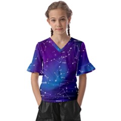 Realistic-night-sky-poster-with-constellations Kids  V-neck Horn Sleeve Blouse by Simbadda