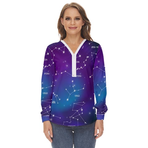 Realistic-night-sky-poster-with-constellations Zip Up Long Sleeve Blouse by Simbadda