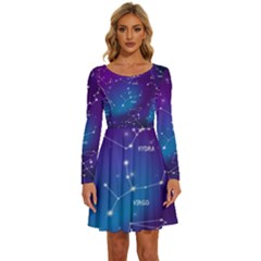 Realistic-night-sky-poster-with-constellations Long Sleeve Wide Neck Velvet Dress by Simbadda