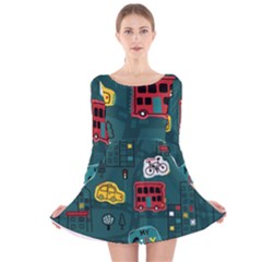 Seamless-pattern-hand-drawn-with-vehicles-buildings-road Long Sleeve Velvet Skater Dress by Simbadda