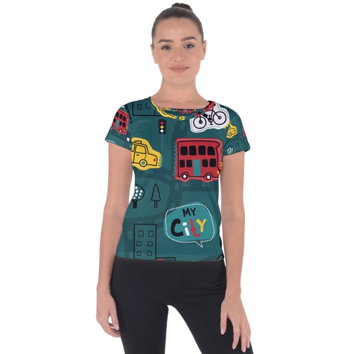 Seamless-pattern-hand-drawn-with-vehicles-buildings-road Short Sleeve Sports Top 