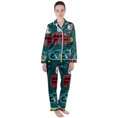 Seamless-pattern-hand-drawn-with-vehicles-buildings-road Women s Long Sleeve Satin Pajamas Set	 by Simbadda