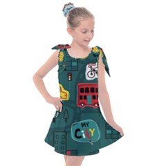 Seamless-pattern-hand-drawn-with-vehicles-buildings-road Kids  Tie Up Tunic Dress by Simbadda