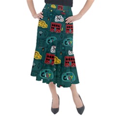 Seamless-pattern-hand-drawn-with-vehicles-buildings-road Midi Mermaid Skirt by Simbadda