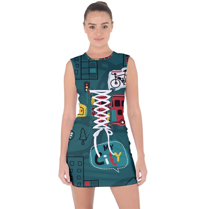 Seamless-pattern-hand-drawn-with-vehicles-buildings-road Lace Up Front Bodycon Dress