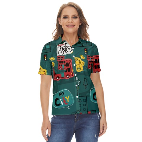 Seamless-pattern-hand-drawn-with-vehicles-buildings-road Women s Short Sleeve Double Pocket Shirt by Simbadda