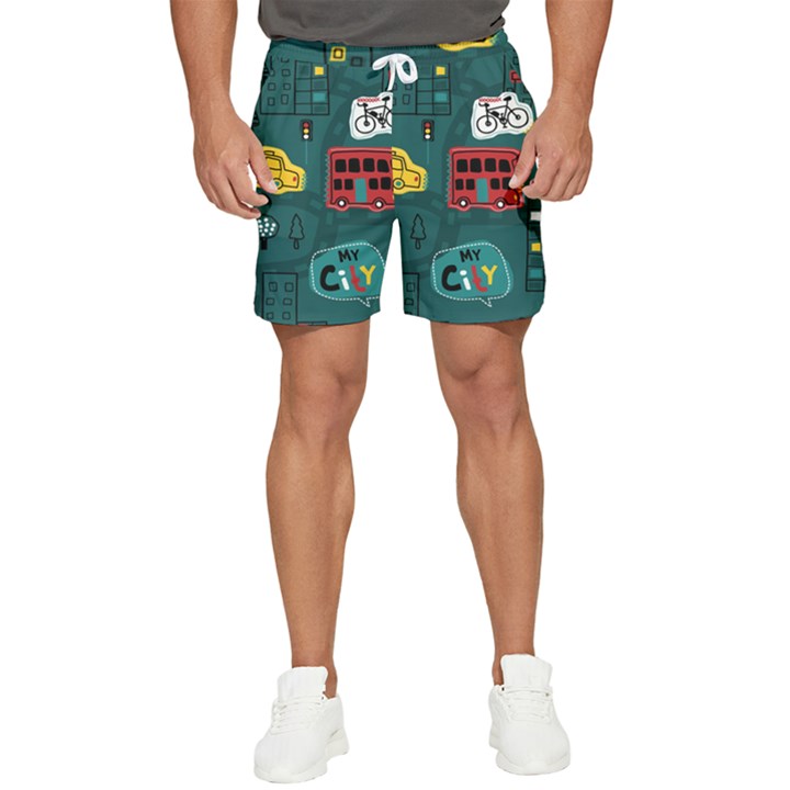 Seamless-pattern-hand-drawn-with-vehicles-buildings-road Men s Runner Shorts