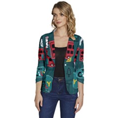 Seamless-pattern-hand-drawn-with-vehicles-buildings-road Women s One-button 3/4 Sleeve Short Jacket by Simbadda