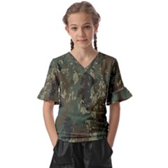 Camouflage-splatters-background Kids  V-neck Horn Sleeve Blouse by Simbadda