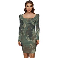 Camouflage-splatters-background Women Long Sleeve Ruched Stretch Jersey Dress by Simbadda