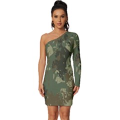 Camouflage-splatters-background Long Sleeve One Shoulder Mini Dress by Simbadda