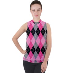 Seamless-argyle-pattern Mock Neck Chiffon Sleeveless Top by Simbadda