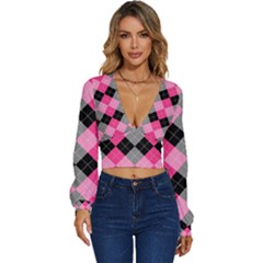 Seamless-argyle-pattern Long Sleeve Deep-v Velour Top by Simbadda