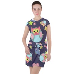 Owl-stars-pattern-background Drawstring Hooded Dress by Simbadda