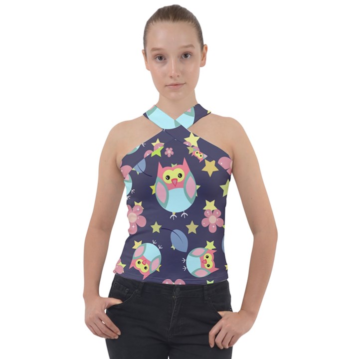 Owl-stars-pattern-background Cross Neck Velour Top