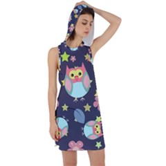 Owl-stars-pattern-background Racer Back Hoodie Dress by Simbadda