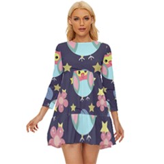 Owl-stars-pattern-background Long Sleeve Babydoll Dress by Simbadda