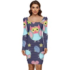 Owl-stars-pattern-background Women Long Sleeve Ruched Stretch Jersey Dress