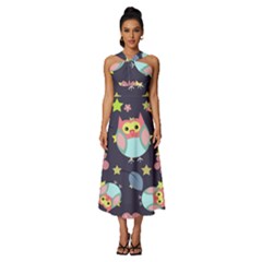 Owl-stars-pattern-background Sleeveless Cross Front Cocktail Midi Chiffon Dress by Simbadda