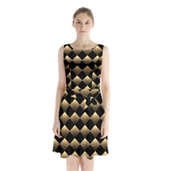 Golden-chess-board-background Sleeveless Waist Tie Chiffon Dress by Simbadda