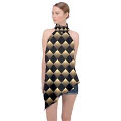 Golden-chess-board-background Halter Asymmetric Satin Top by Simbadda