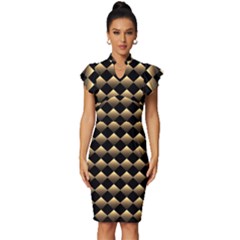 Golden-chess-board-background Vintage Frill Sleeve V-neck Bodycon Dress by Simbadda