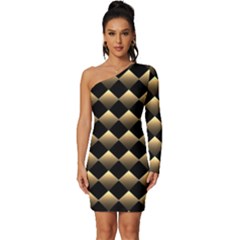 Golden-chess-board-background Long Sleeve One Shoulder Mini Dress by Simbadda