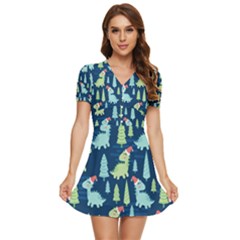 Cute-dinosaurs-animal-seamless-pattern-doodle-dino-winter-theme V-neck High Waist Chiffon Mini Dress