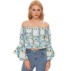 Penguins-pattern Off Shoulder Flutter Bell Sleeve Top