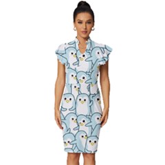 Penguins-pattern Vintage Frill Sleeve V-neck Bodycon Dress by Simbadda