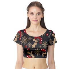 Christmas-pattern-with-snowflakes-berries Short Sleeve Crop Top