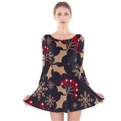 Christmas-pattern-with-snowflakes-berries Long Sleeve Velvet Skater Dress