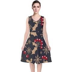 Christmas-pattern-with-snowflakes-berries V-neck Midi Sleeveless Dress 