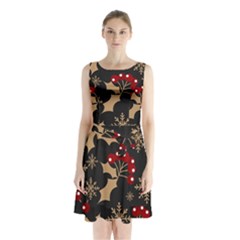 Christmas-pattern-with-snowflakes-berries Sleeveless Waist Tie Chiffon Dress