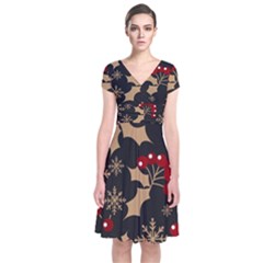 Christmas-pattern-with-snowflakes-berries Short Sleeve Front Wrap Dress