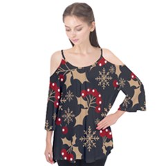 Christmas-pattern-with-snowflakes-berries Flutter Sleeve Tee 