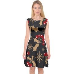 Christmas-pattern-with-snowflakes-berries Capsleeve Midi Dress